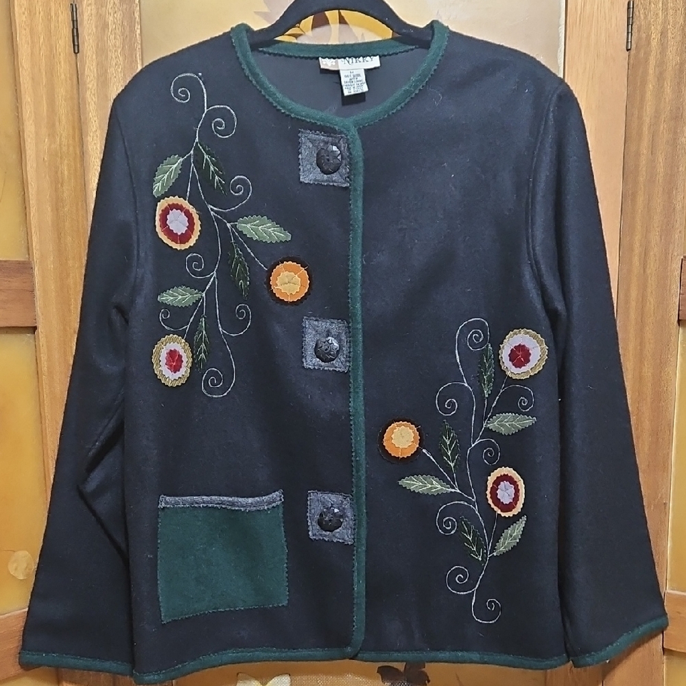 Vintage 90's/Y2K Nikky Black Wool Embroidered Jacket with Green Trim